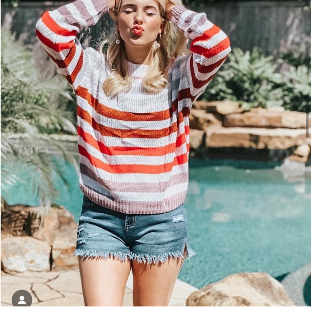 Pink and Red Crew Neck Sweater with Bold Stripes